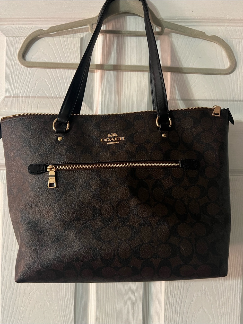 Coach Brown Signature Tote with Black Handles and Gold Hardware